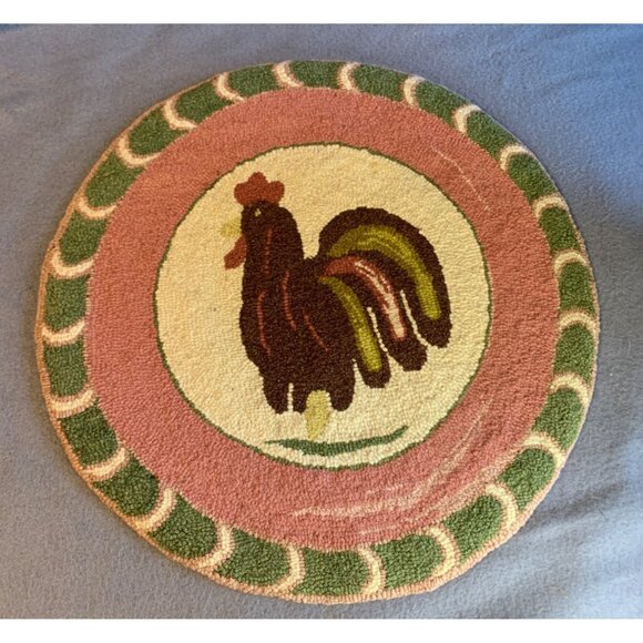 Buttermold Rooster Hooked Rug Chair Pad 15 inch Vintage - Picture 8 of 9